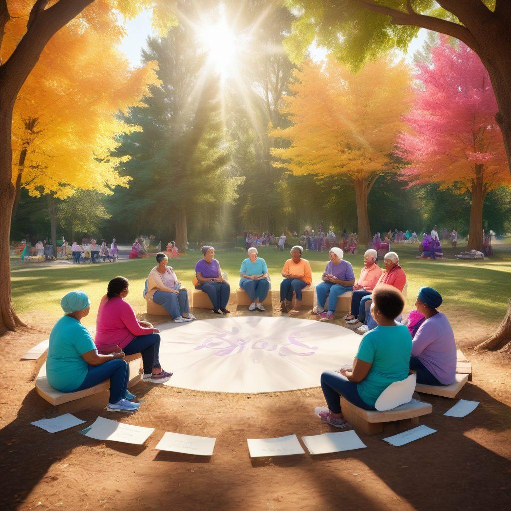 A warm, inviting scene depicting a diverse group of cancer survivors and community members sitting in a circle, sharing stories and laughter. Soft sunlight filters through trees, creating a hopeful atmosphere. Include elements like supportive signs and colorful banners that say 'Hope', 'Strength', and 'Together'. Reflect a sense of community and uplifting energy. vibrant colors. 3D.