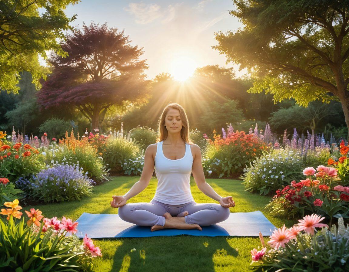 A serene landscape featuring a radiant sun rising over a vibrant garden filled with diverse flowers and greenery symbolizing hope and healing. In the foreground, a person practicing yoga or meditation, embodying empowerment and wellness, surrounded by supportive figures. Soft, soothing colors to evoke calmness and positivity. super-realistic. vibrant colors. peaceful background.