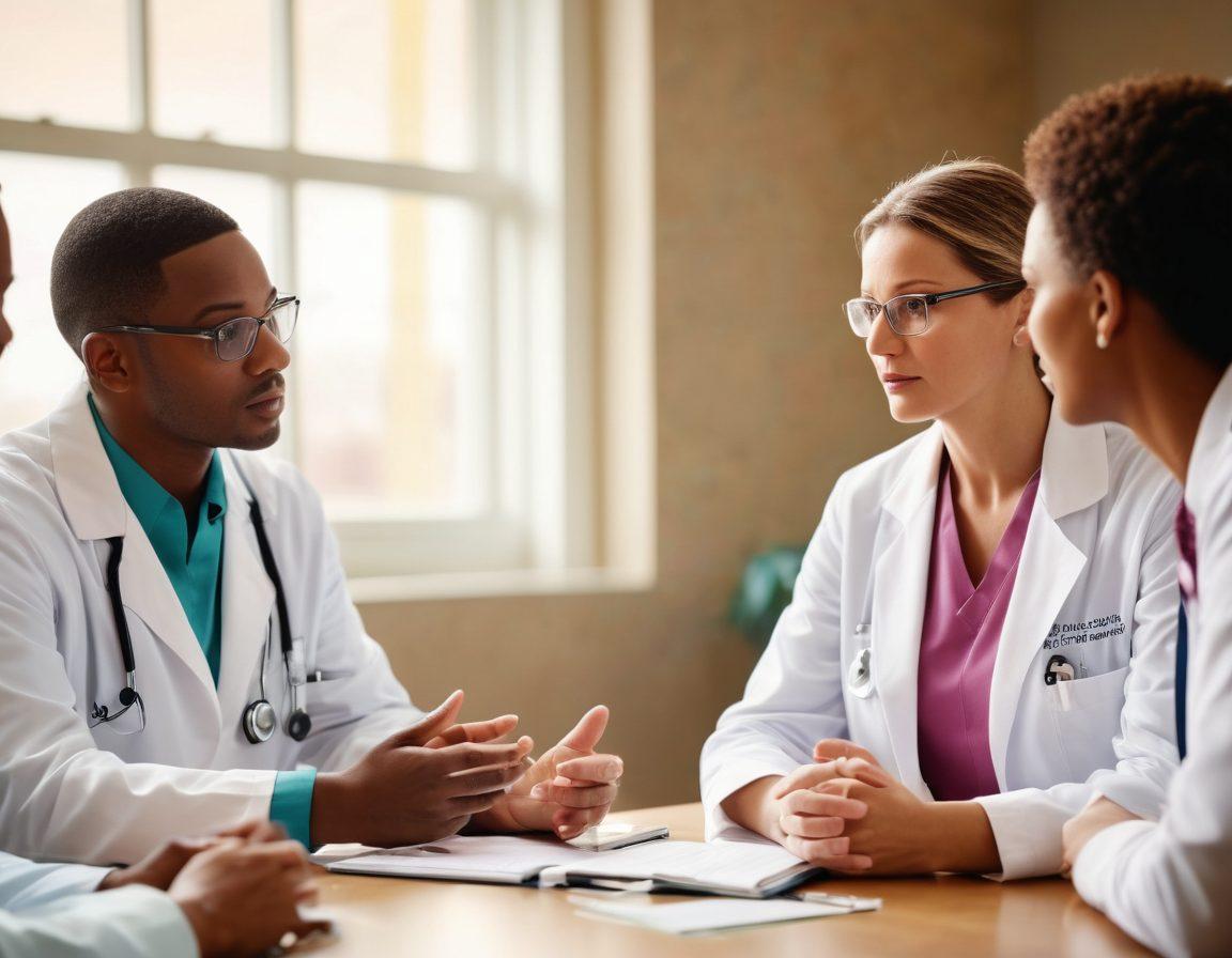 A compassionate doctor discussing recent oncology research with a diverse group of patients, showcasing hope and empowerment. The background features modern medical technology and soft natural light coming through a window, symbolizing innovation in cancer treatment. Include visual elements like research articles, a computer with graphs, and vibrant color accents to convey positivity. super-realistic. warm tones. soft focus.